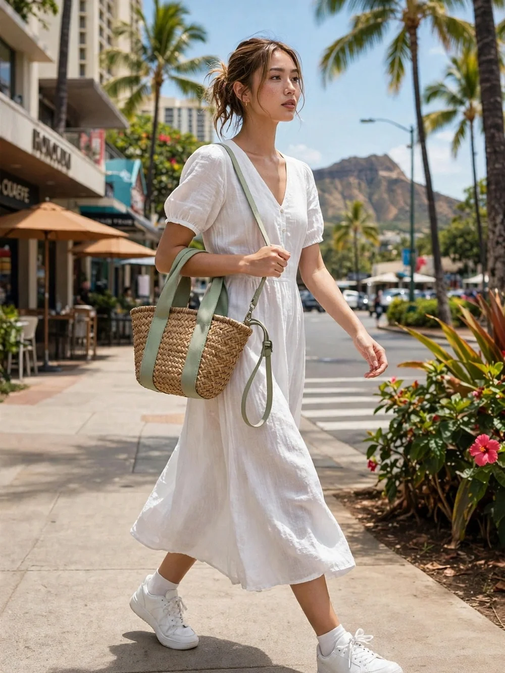Zara Natural Straw Tote with Sage Green Straps